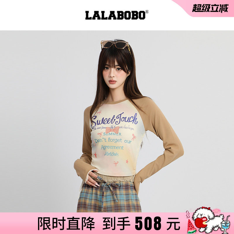 【商场同款】LALABOBO收腰T恤女25年秋新款修身短款印花长袖上衣
