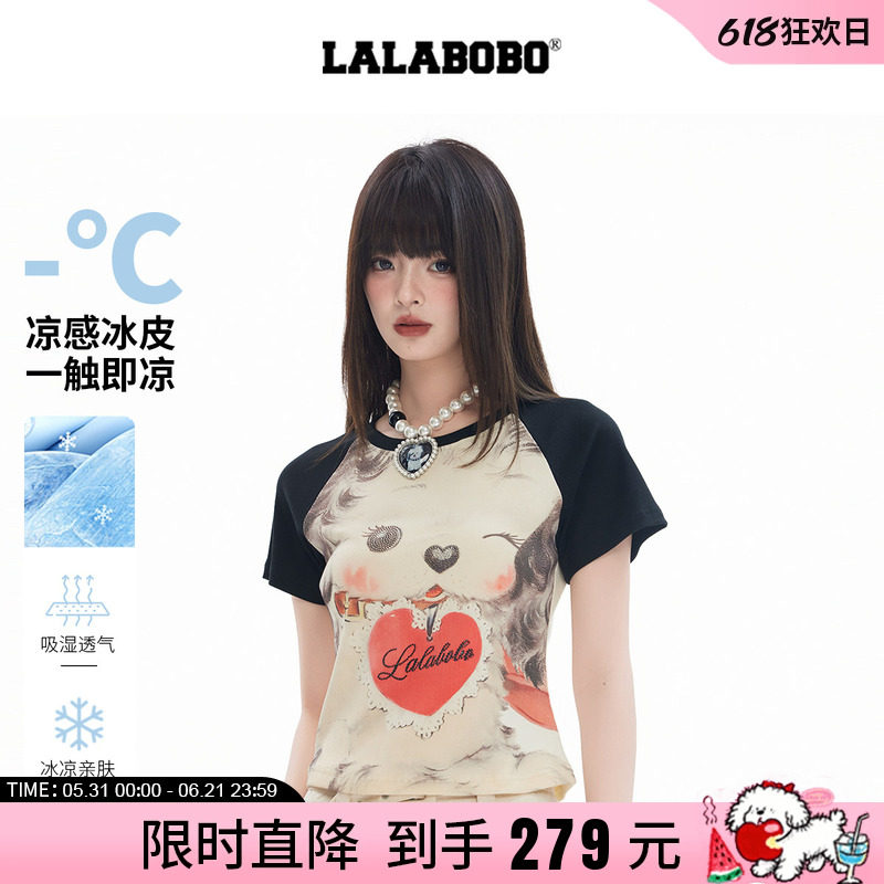 【凉感系列】LALABOBO25年T恤春夏新女原创潮撞色百搭印花短上衣