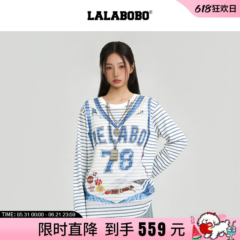【商场同款】LALABOBO26年春新款网纱罩衫3D印花美式复古长袖T恤
