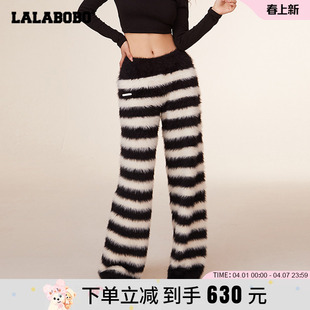 LALABOBO2024冬季 可爱荆棘熊黑白撞色拼接休闲裤 LBCC WXZC81 新款