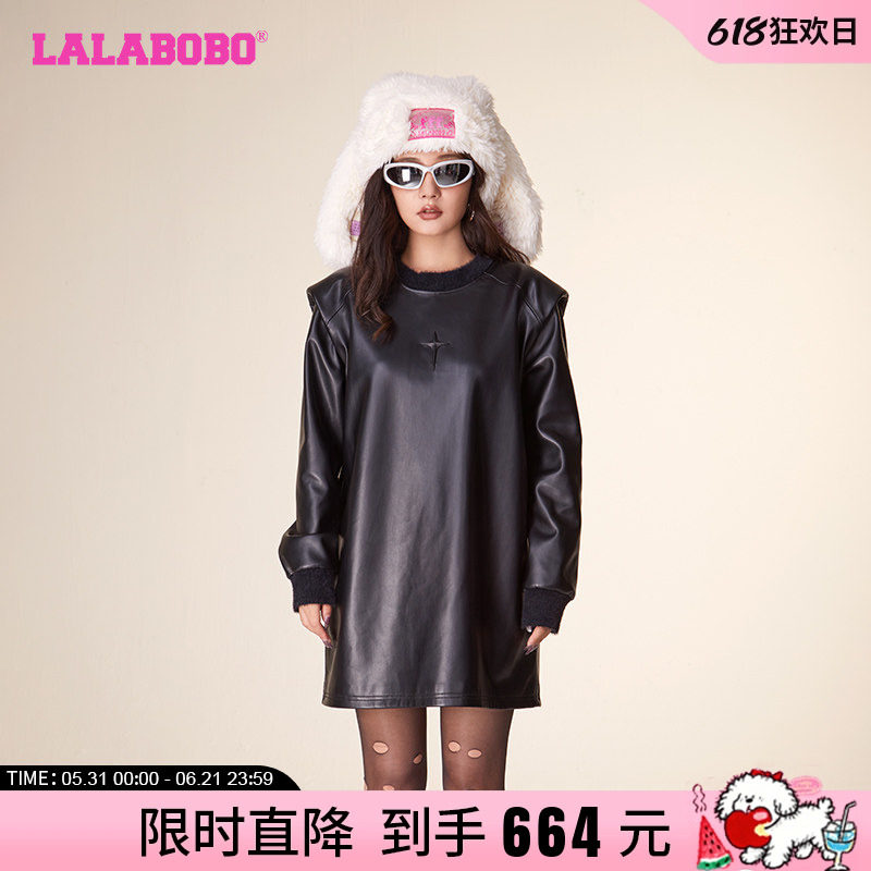 LALABOBO2023冬季新款纯色休闲圆领垫肩皮衣连衣裙女|LBCD-WSPW17
