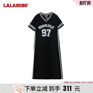 LALABOBO黑色连衣裙女2023夏季新款美式复古字母休闲修身长裙子