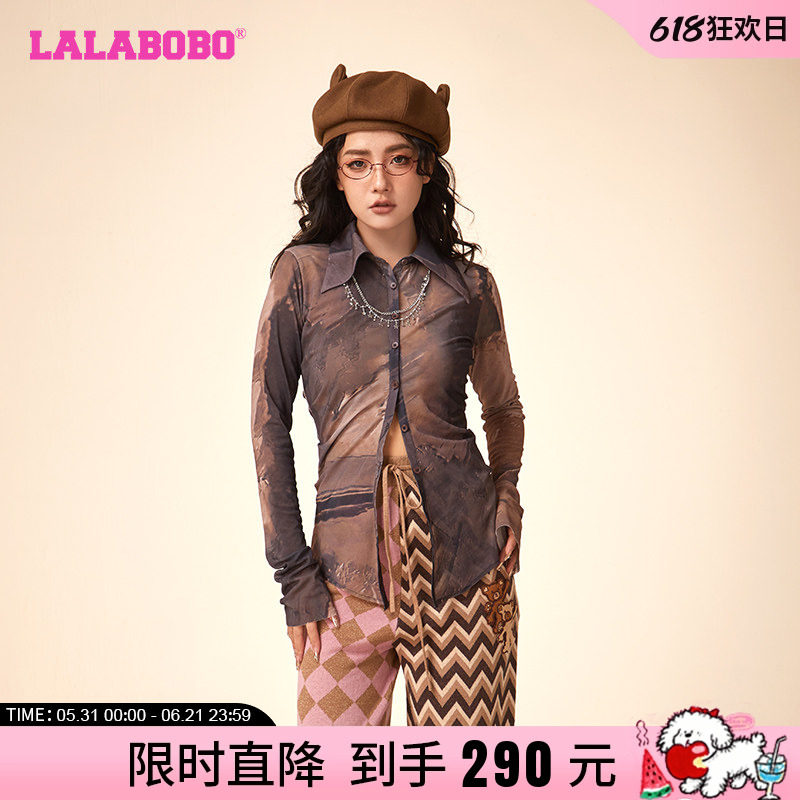 李欣燃同款LALABOBO春新休闲废土网纱熊翻领长袖T恤女LBDA-WSDT17