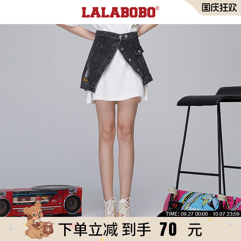 lalabobo2021做旧刺绣牛仔半身裙