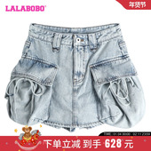LALABOBO24夏季 WXZQ11 LBDB 新款 复古休闲高腰纯色大口袋牛仔短裤