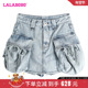 LALABOBO24夏季 WXZQ11 LBDB 新款 复古休闲高腰纯色大口袋牛仔短裤
