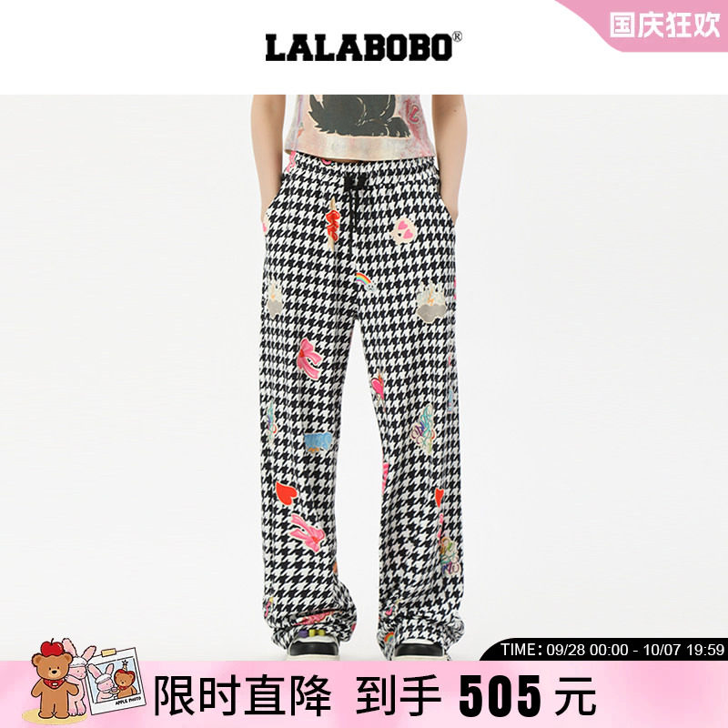 LALABOBO贴纸图案格纹裤
