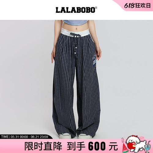 【复古熊趣】LALABOBO26年夏新款直筒裤女小熊印花格纹蓝色休闲裤
