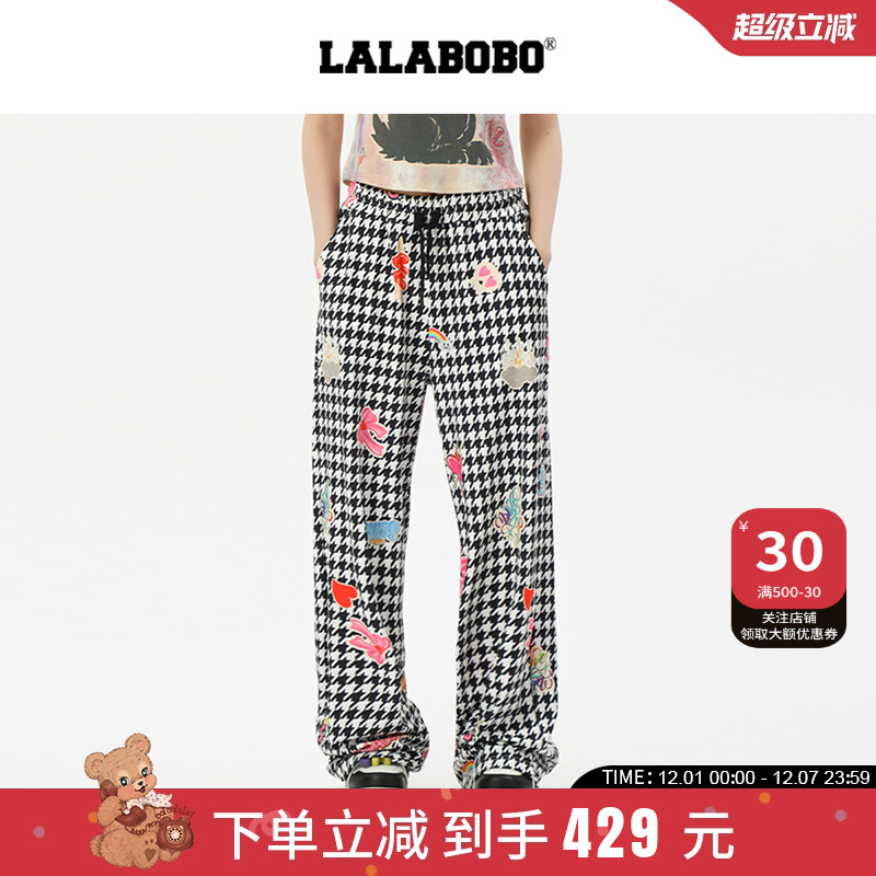 LALABOBO贴纸图案格纹裤
