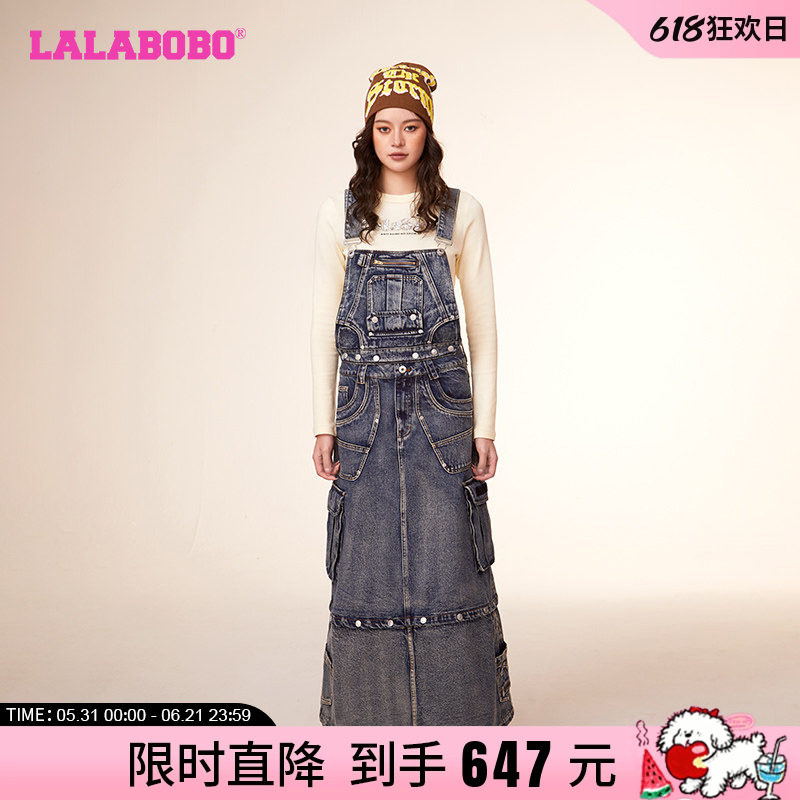 LALABOBO2023冬季新款简约治愈美学牛仔背带连衣裙女|LBCD-WLZY12