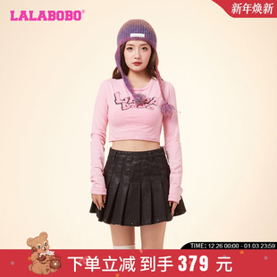 T恤女LBDA 圆领字母长袖 WSDT11 纯色可爱短款 LALABOBO24春新打底衫