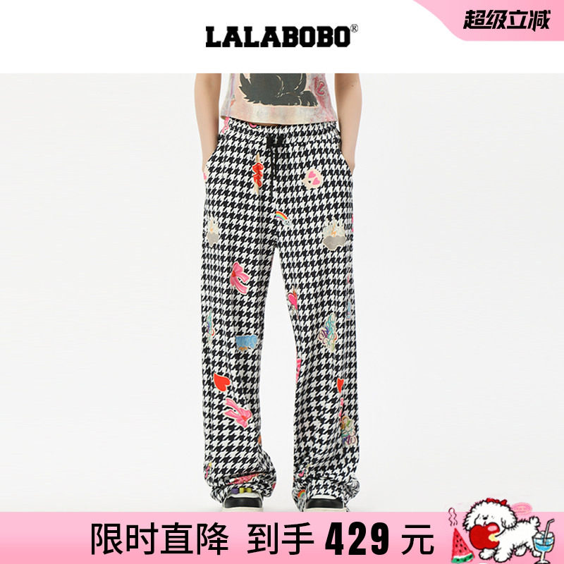 LALABOBO贴纸图案格纹裤