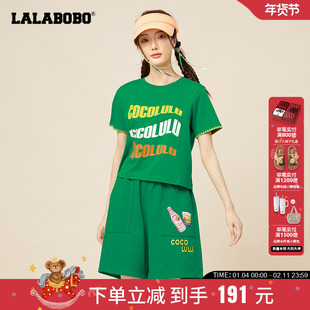 LALABOBO2023春夏新款美式复古字母宽松纯棉短袖T恤女CBCB-WSDT16