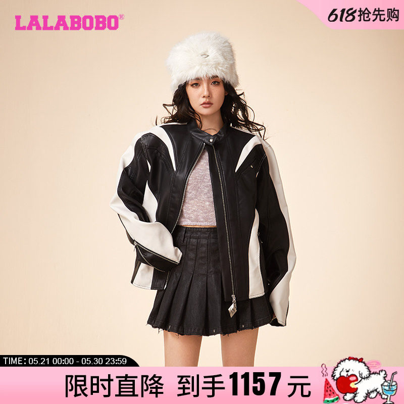 LALABOBO早秋新品款爱心蝴蝶拼接PU仿皮衣大码外套女|LBCD-WSPW12