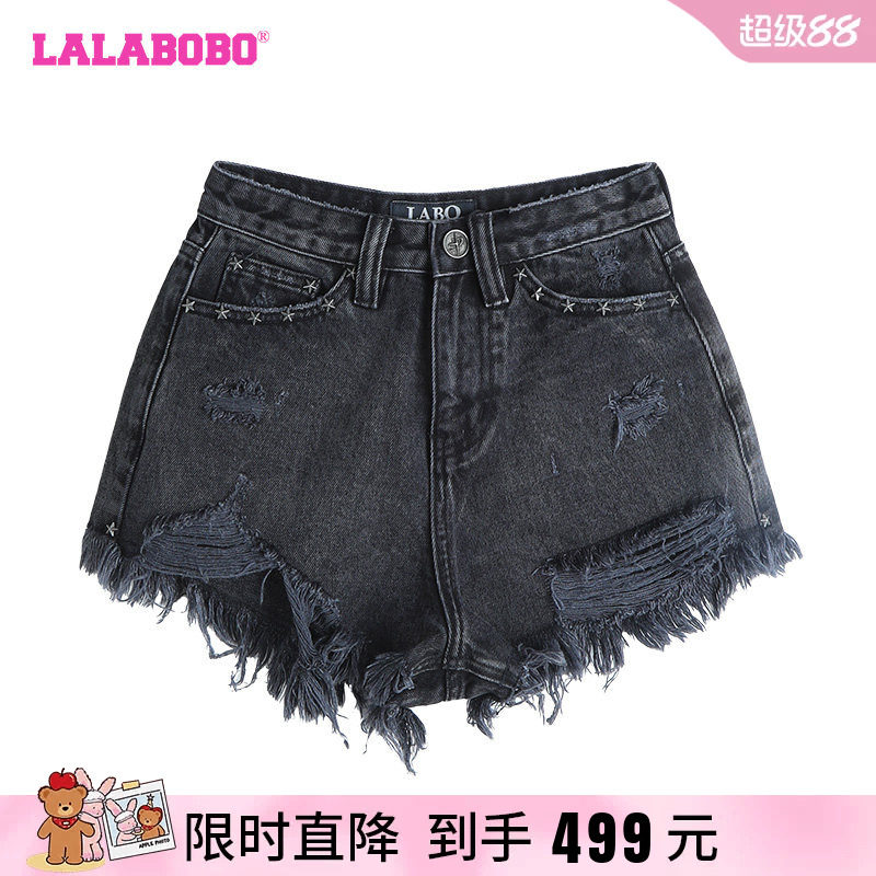 LALABOBO高腰纯棉牛仔短裤