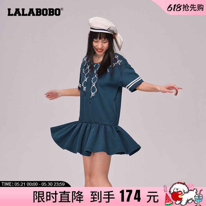 LALABOBO2024春季新款海军蝴蝶结荷叶边早春连衣裙女|LBCA-WLZY19