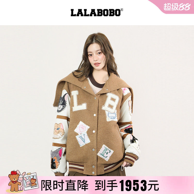 LABO复古猫贴布连毛领棉服