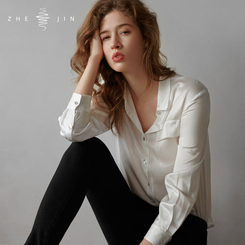 早秋通勤风单排扣立领真丝衬衫