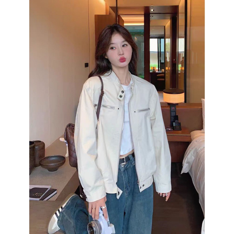 高品质美式复古白色工装短外套女春秋新款时髦小个子风衣夹克