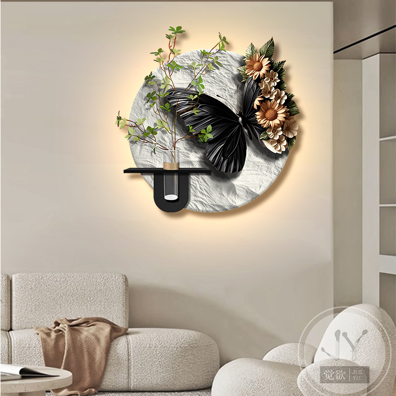 现代简约餐厅装饰画抽象艺术蝴蝶水培绿植挂画高级感餐桌墙砂岩画图片