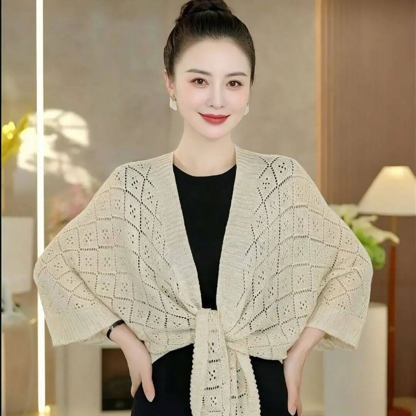 名佳怡女装菱格洋气针织披肩女士保暖外搭开衫秋季护颈显瘦外披a5