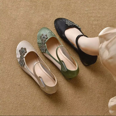 枫琴鞋包店女鞋圆头平底增高单鞋春夏女士软皮网纱浅口玛丽珍鞋a5