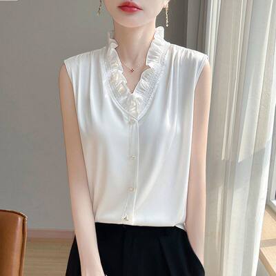 如是惠选花边领无袖背心V领衬衫女款法式木耳边背心西装内搭女a5