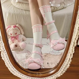 现货 茶话会 lolita甜美蕾丝蝴蝶结珍珠少女感百搭低跟大圆头女鞋