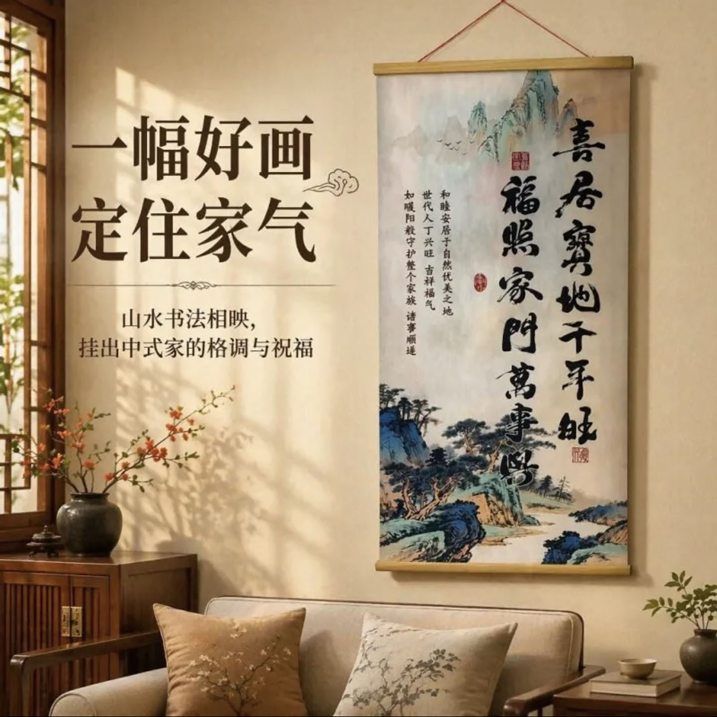 鼓笛令新中式喜居宝地千年旺中堂对联画布福照家门万事兴客厅挂a6