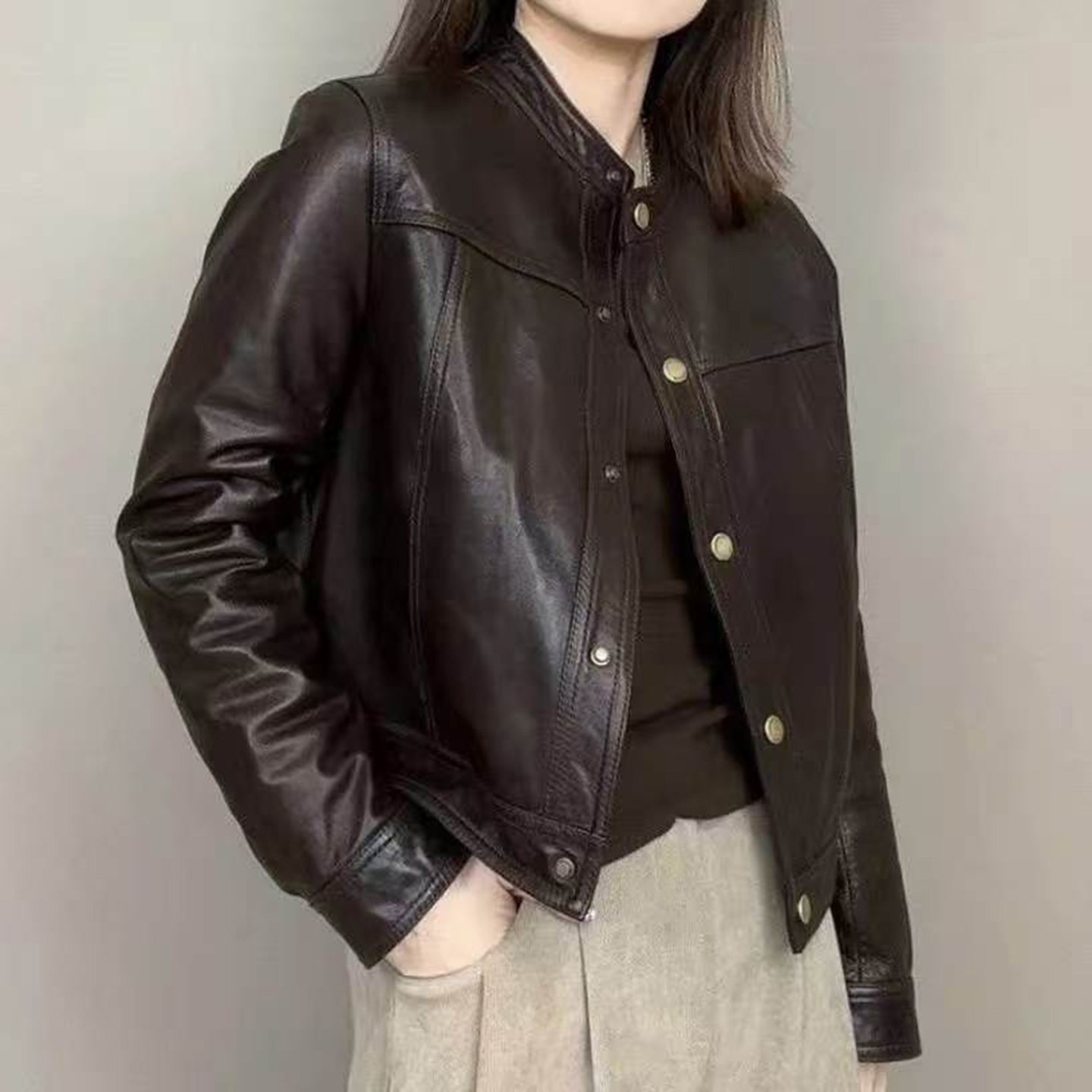 铂瑾女装2026春秋季新款女士海宁皮衣外套短款百搭立领机车夹克a1