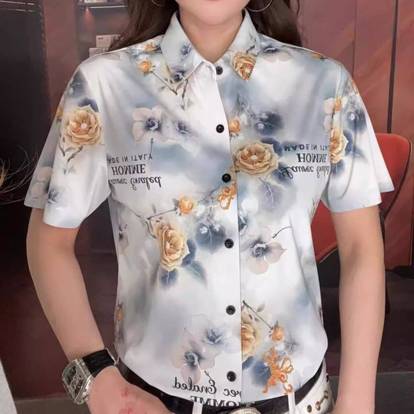 宏嫩男装2026新款冰丝短袖衬衫夏季男士个性免烫花朵衬衣休闲上a5