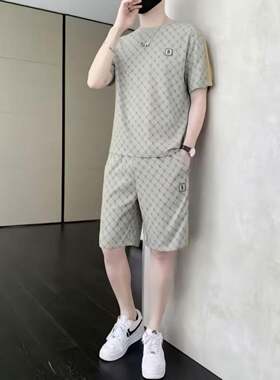 ~恒清男装夏季新款男冰丝休闲运动套装短袖T恤透气凉感两件套潮a5