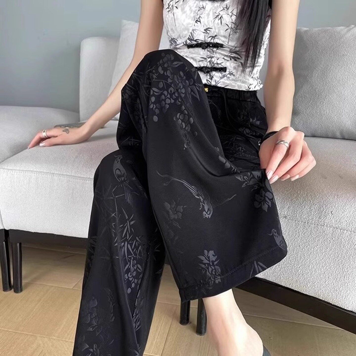 玟若女装2026夏季新款直筒裤新中式醋酸休闲裤轻薄缎面长裤子胖a8