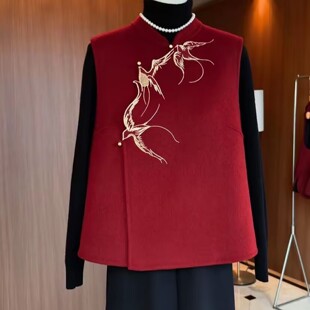 点击率女装新中式羊毛外套冬季女士复古重工绣花马甲气质宽松上衣