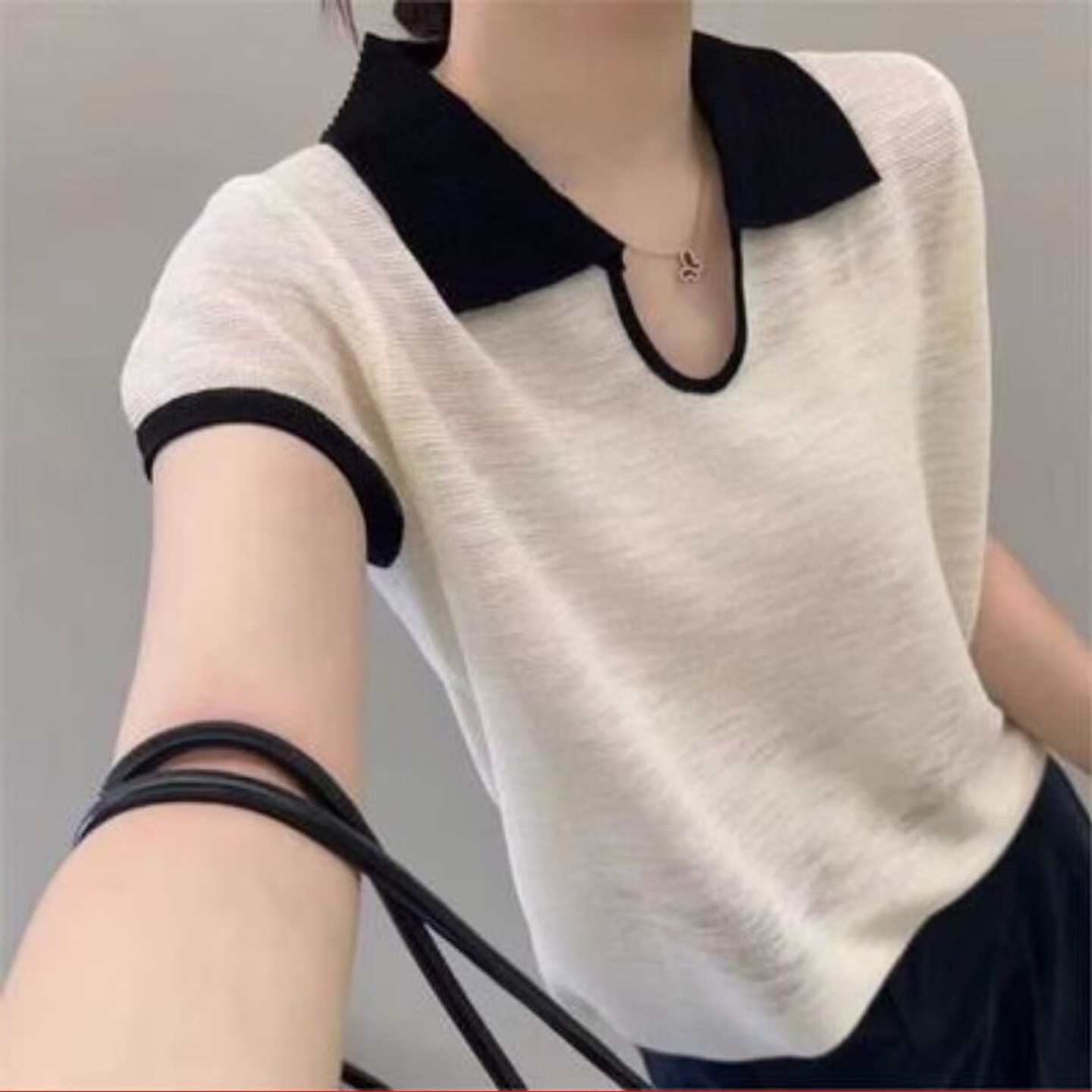 叙溪约女装时尚撞色翻领针织衫2026夏季女士短袖T恤洋气减龄上a2
