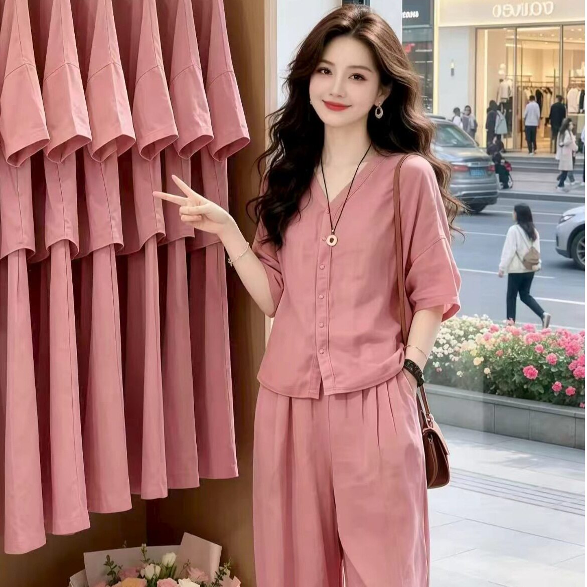 名佳怡女装带胸垫可外穿睡衣夏季女士苎麻棉家居服衬衫阔腿裤套a9