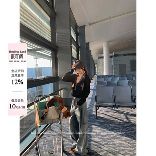 多口袋直筒牛仔裤 工装 女春新款 美式 HuoHuo 休闲阔腿裤 海盐气泡水