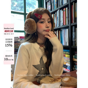 HuoHuo 星辰勋章 软糯舒适2026春夏新款女宽松竖条纹五角星毛衣