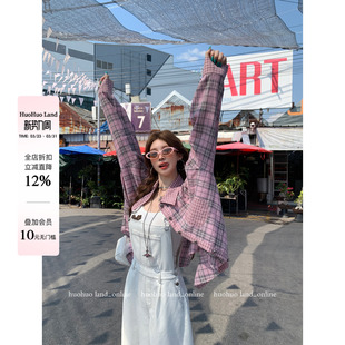 上衣女粉色格子衬衫 韩系拼格2026春夏新款 外套 蜜糖格盘 HuoHuo