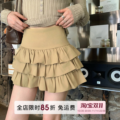 HuoHuo 层叠胶片 温柔俏皮蓬蓬蛋糕短裙女秋新款腰A字显瘦半身裙