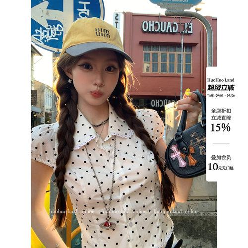 HuoHuo 波点雪莉 时髦捕手2026夏季新款女波点翻领泡泡袖花边衬衫