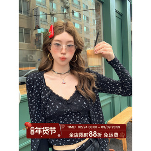 HuoHuo 繁花 bm风碎花吊带背心长袖开衫套装女春新款甜辣两件套