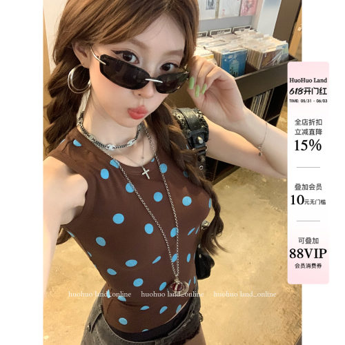 HuoHuo chic波波 ins博主风2026夏季新款上衣女波点印花无袖T恤