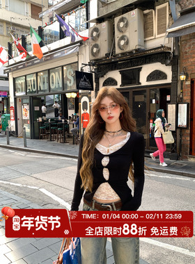 HuoHuo 蕾丝天菜 浪漫点睛2026春夏新款女撞色上衣假两件蕾丝T恤