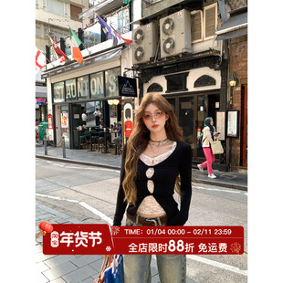 HuoHuo 蕾丝天菜 浪漫点睛2026春夏新款女撞色上衣假两件蕾丝T恤