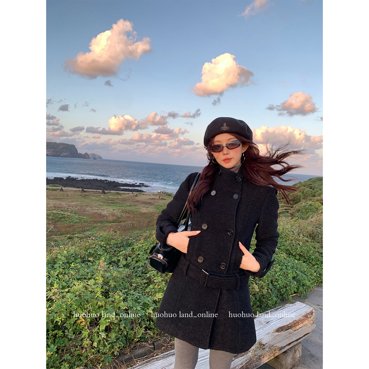 HuoHuo 秀场大衣 韩系正肩毛呢外套女秋冬季新款立领双排扣大衣