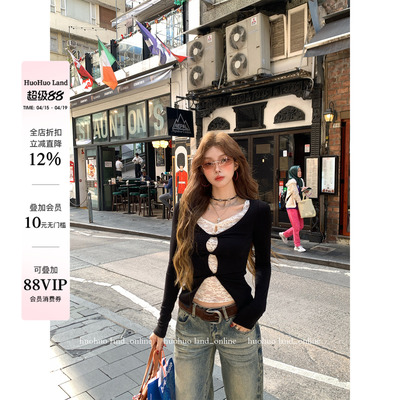 HuoHuo 蕾丝天菜 浪漫点睛2026春夏新款女撞色上衣假两件蕾丝T恤