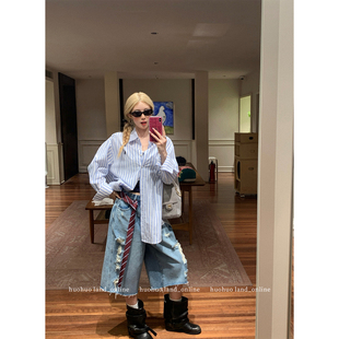 街头风小众休闲阔腿裤 HuoHuo 女夏季 毛边破洞牛仔中裤 自由松弛