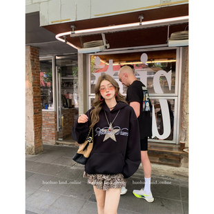 新款 HuoHuo 复古印花上衣女秋季 美式 宽松休闲连帽卫衣 秋日氛围