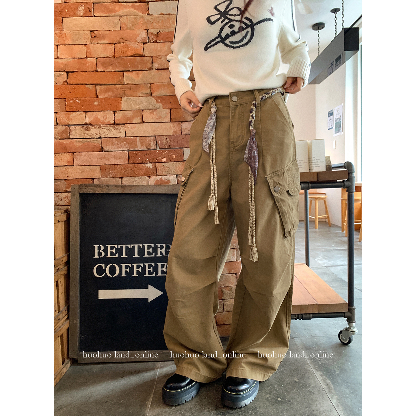 HuoHuo  琥珀松林 kitty复古工装裤女秋冬季新款2025设计感阔腿裤